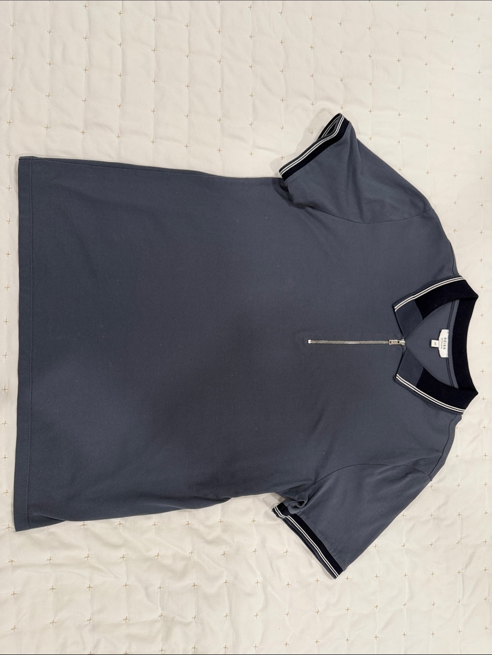 Reiss Navy Short‑Sleeve Zip Polo with Contrast Trim